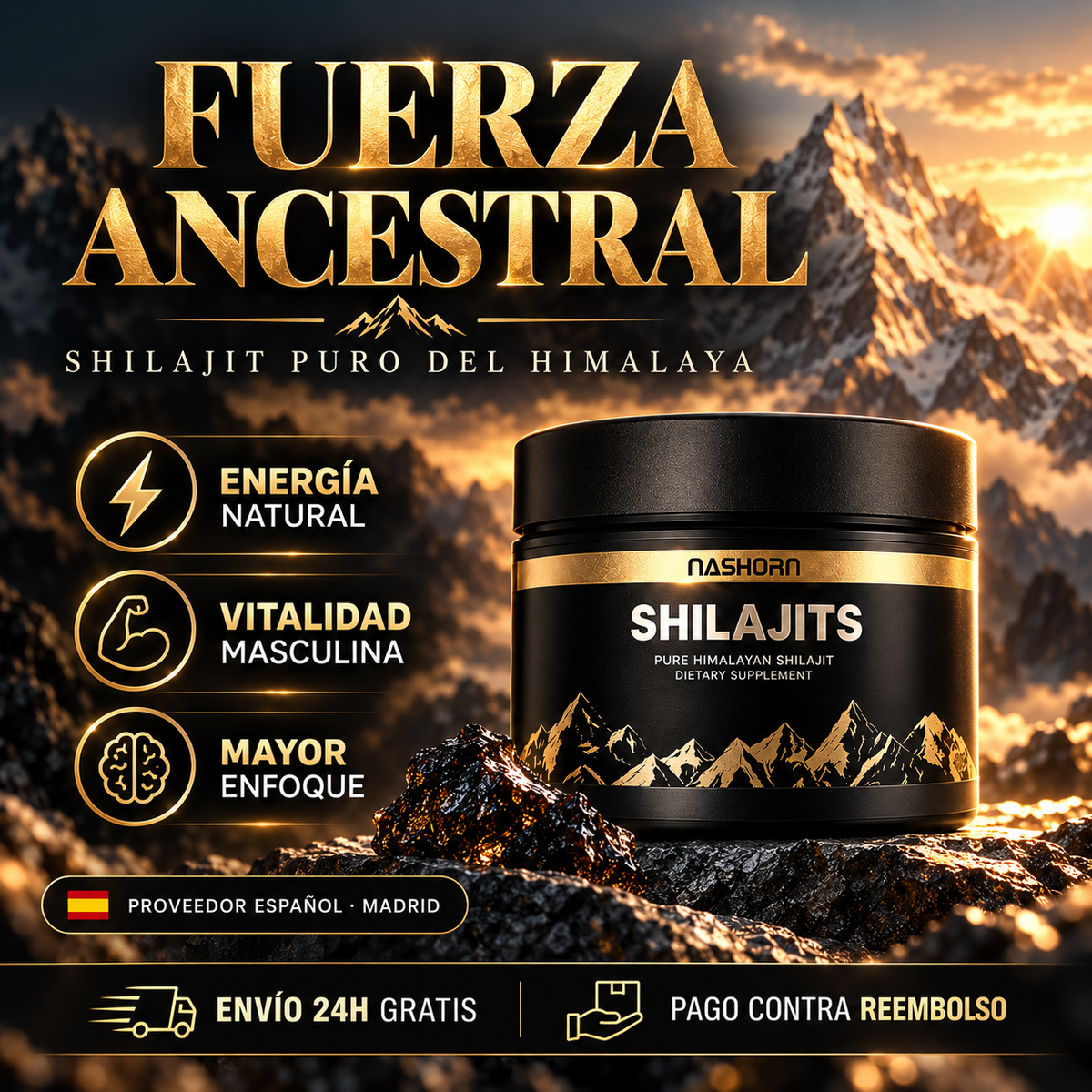 Shilajit puro del Himalaya para hombres que quieren rendir más en su día a día.